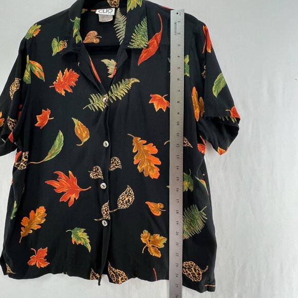 Clio Petites Vintage Shirt Sz PL Short Sleeve Button Up Fall Leaf Made USA Black - Picture 9 of 11
